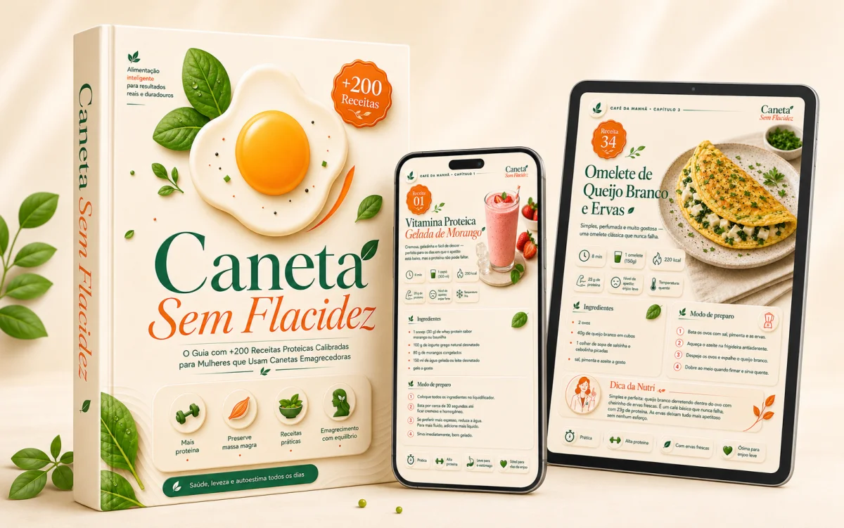 Mockup completo do produto Caneta Sem Flacidez — livro, celular e tablet